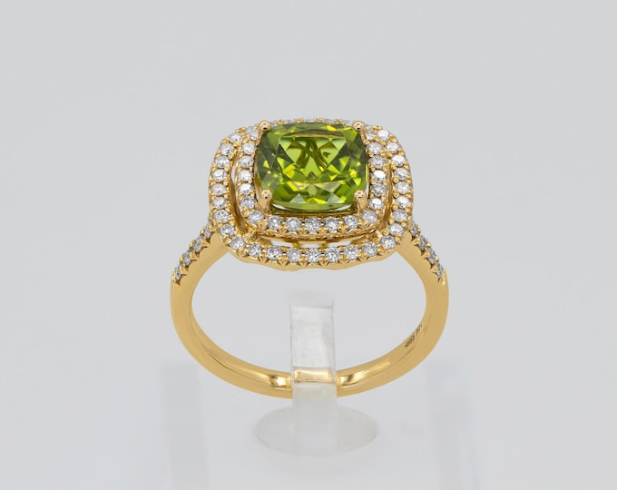 Elegant Peridot Engagement Ring with Halo Diamond Accent for August Birthstone