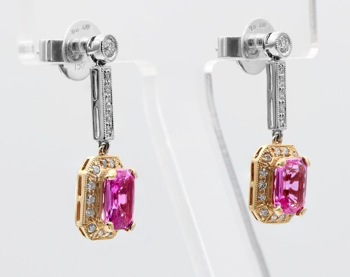 Art Deco Style Pink Sapphire and Diamond Drop Earrings 3.62 ctw for Weddings, Engagements, Fine Jewelry