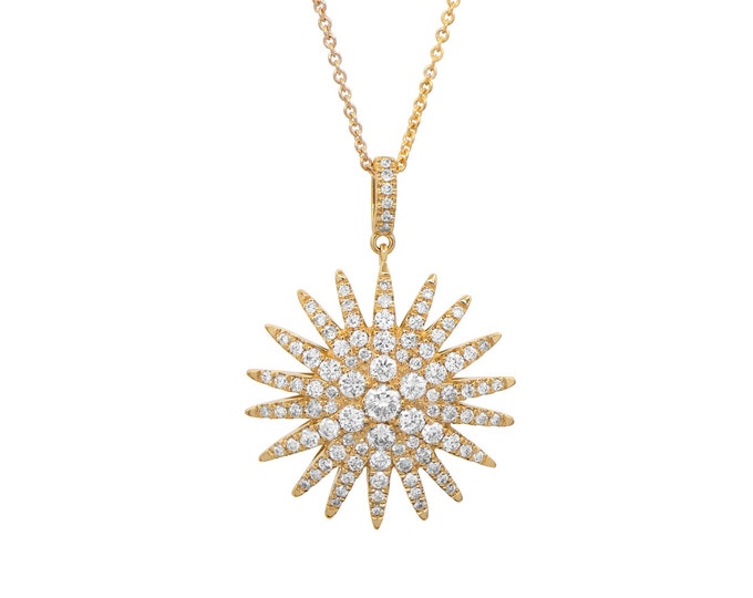 Elegant 14k Gold Starburst Diamond Necklace - Rollo Chain Celestial Pendant for Special Occasions
