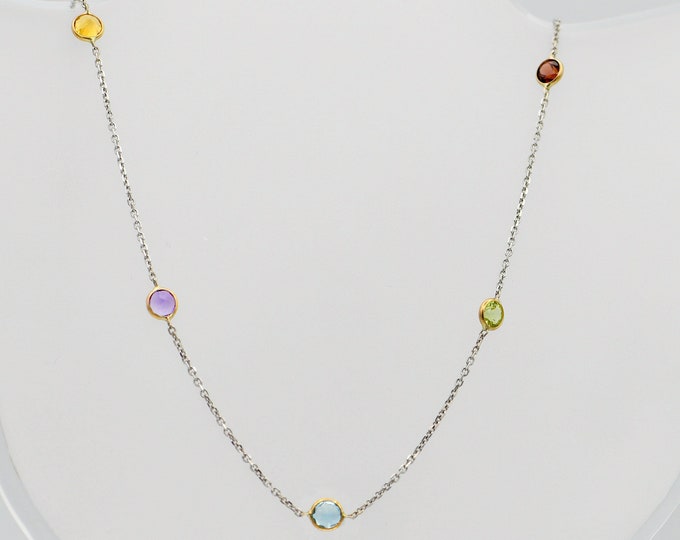 Elegant 14k White Gold Multi-Gemstone Station Necklace: Citrine, Peridot, Garnet, Amethyst, Blue Topaz