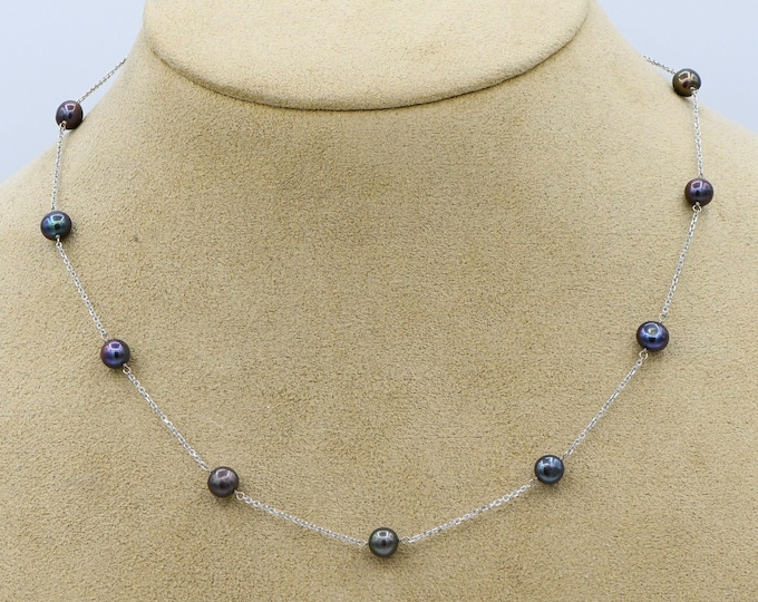 Elegant 17" Black Cultured Pearl Station Necklace - Minimalist Floating Chain Jewelry