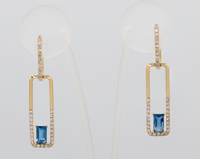 Elegant Blue Topaz & Diamond Drop Earrings - 14K Gold Paperclip Link Design, 1.12 CTW Gemstones