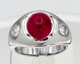 Men's Ring, Burma Ruby Mens Ring With Brilliant Cut Diamond, Platinum Mens Ring