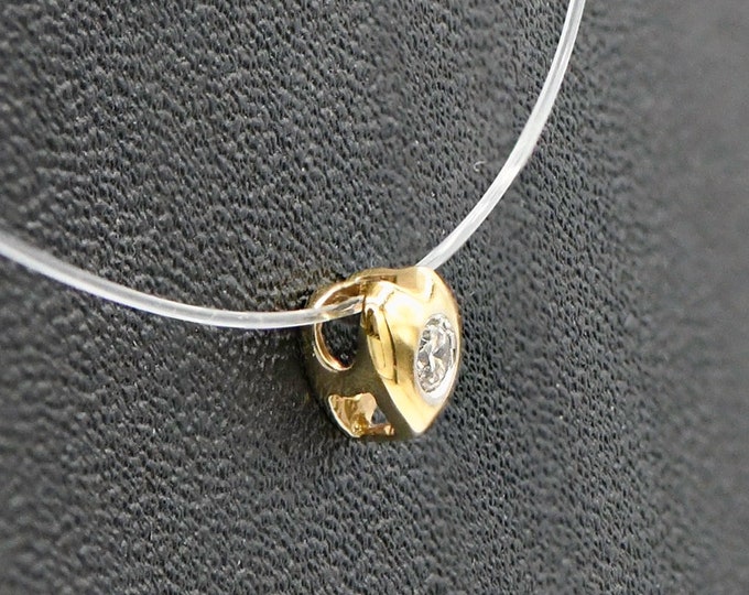 14k Yellow Gold Heart Diamond Choker Necklace 16-inch Solitaire Pendant