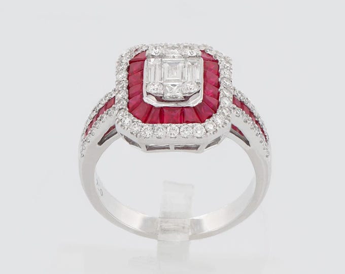 Art Deco Ruby and Diamond Ring | Emerald-Cut Diamond Cluster in 18K White Gold Jewelry Vintage Inspired Luxury Jewelry