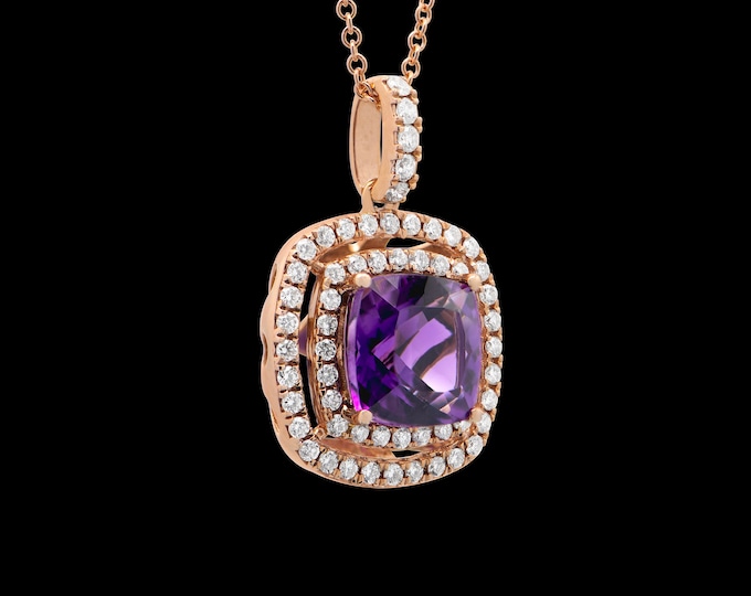14K Pink Gold Double Halo Amethyst Diamond Necklace 2.63 CTW