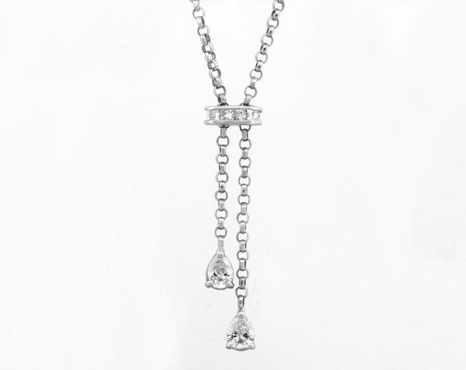 18K White Gold Diamond Lariat Necklace With Princess and Pear Shape Diamonds