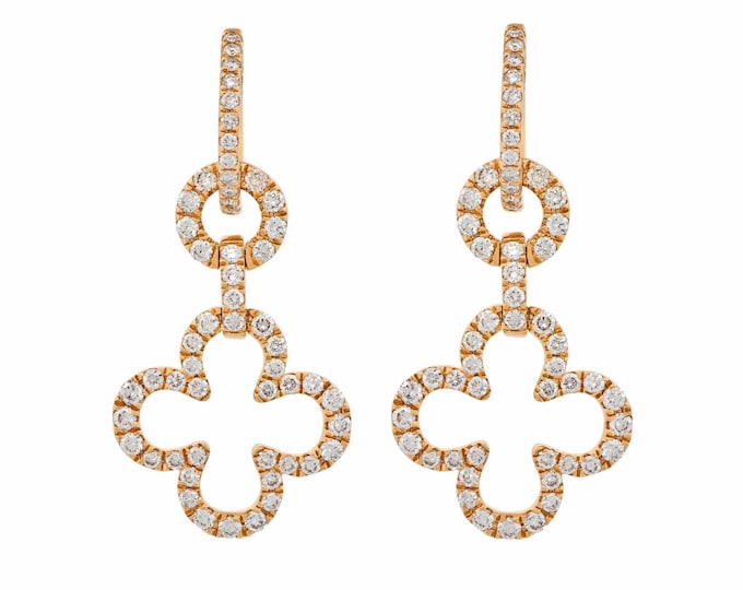 14K Yellow Gold Diamond Flower Drop Earrings 1.28 CTW Natural Diamonds Elegant Clover Dangle Earrings Luxury Fine Jewelry