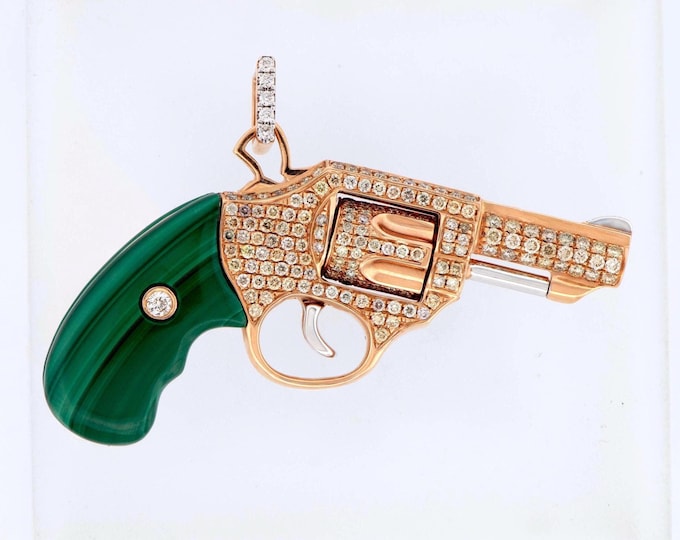 18K Yellow Gold Fancy Color Diamond Revolver Pendant Necklace 2.76 CTW Malachite Grip Moving Cylinder