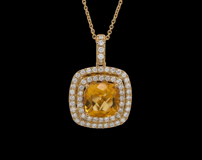 Elegant 14k Gold Citrine & Diamond Double Halo Necklace - 2.85 CTW Cushion Cut Gemstone Pendant