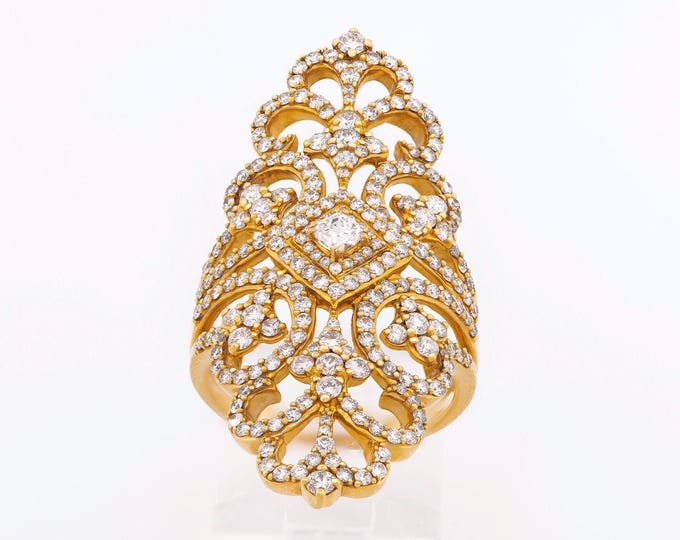 18K Yellow Gold Natural Diamond Statement Ring 1.92 ct Ornamental Scrollwork