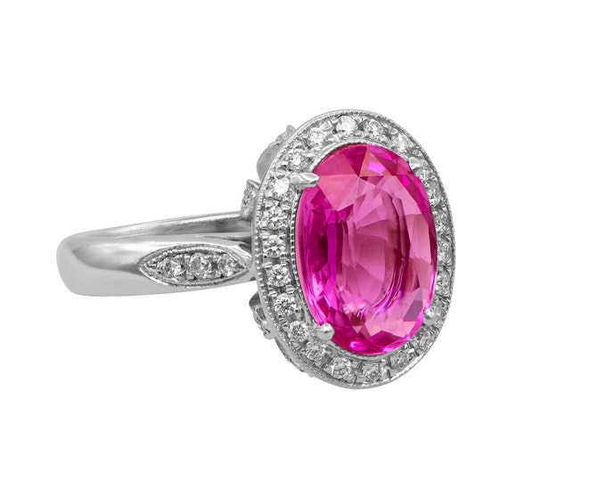 Antique Style Pink Sapphire Ring, 18K White Gold Ring, Oval Sapphire Halo Ring with Diamonds 3.78 CTW