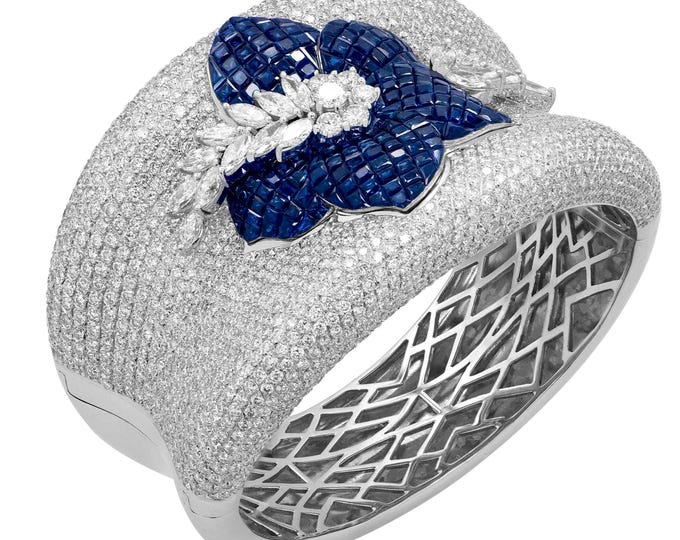 8K White Gold Diamond & Sapphire Mystery-Set Floral Bangle Bracelet