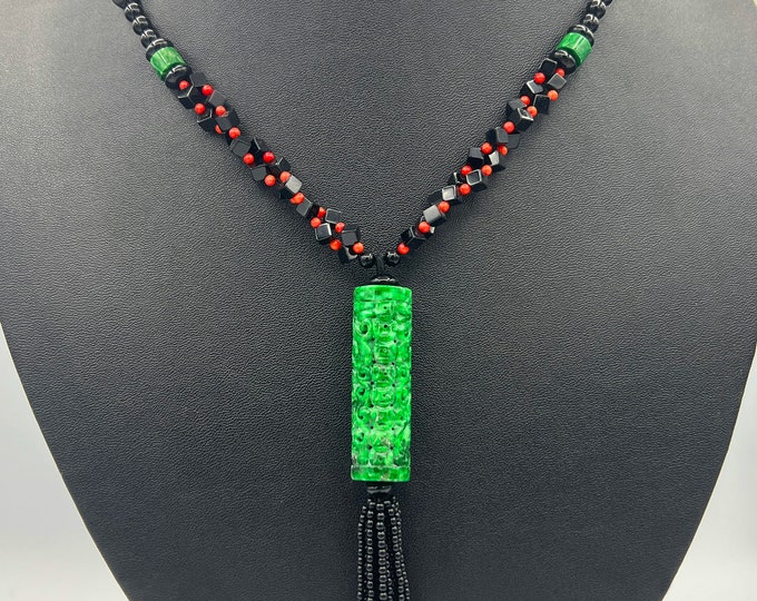Green Jade Tassel Necklace with Red Coral and Black Onyx Beads, 24" Long Art Deco Style