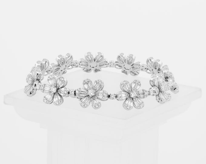 Diamond Flower Bracelet 18K White Gold 6.36 ctw Natural Diamond Floral Daisy Bracelet 7 inch Fine Jewelry Gift
