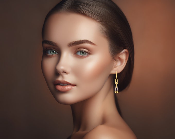 14k Yellow Gold Triple Link Diamond Drop Earrings for Wedding or Engagement