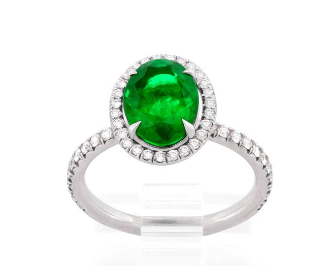 Oval Zambian Emerald Platinum Ring 2.01 ct Natural Emerald with Diamond Halo