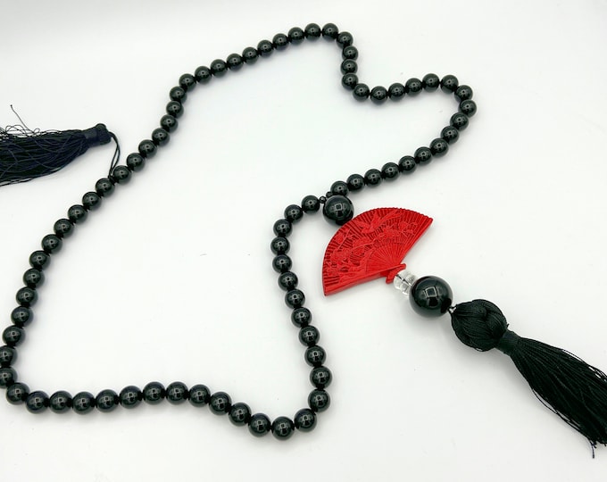 Vintage Art Deco 22" Onyx Tassel Bead Necklace Chinese Oriental Jewelry