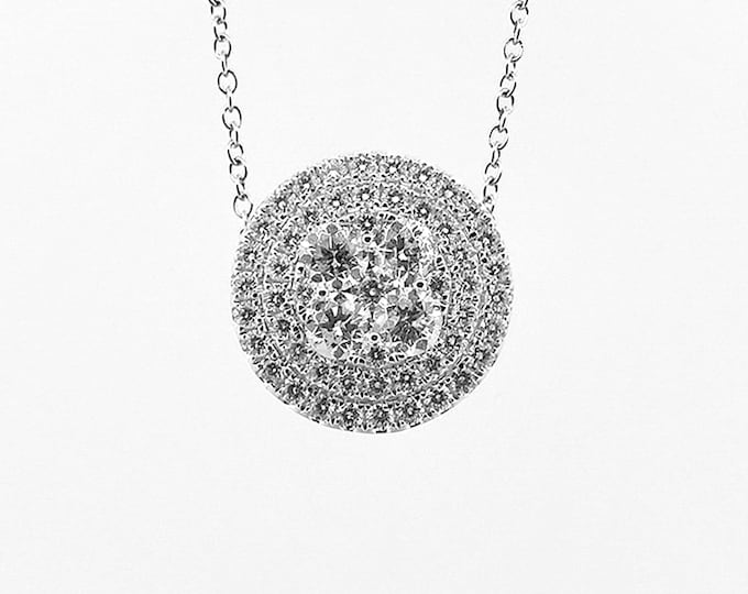 18K White Gold Diamond Pendant Necklace 1.83 ctw Round Diamonds 18 Inch Adjustable Chain