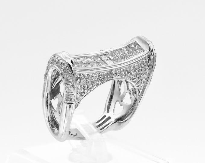 Art Deco Style 18K White Gold Princess & Brilliant Diamond Cocktail Ring 1.60 CTW