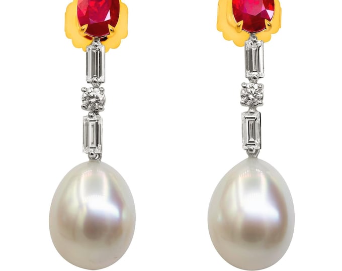 Art Deco Elegance Reimagined - Burma Ruby Diamond & South Sea Pearl Platinum Drop Earrings