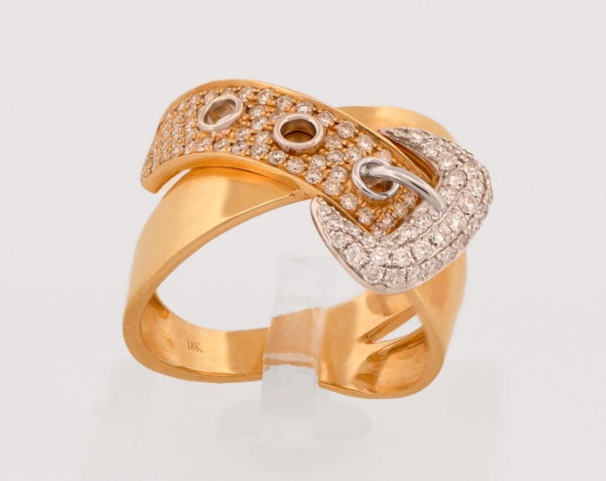 Luxurious 18k Two-Tone Gold Belt Buckle Diamond Ring with Split Shank - 96 Brilliant Cut Gems