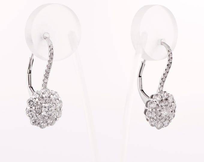 18K White Gold Natural Diamond Flower Earrings Floral Drops Lever Back Fine Jewelry