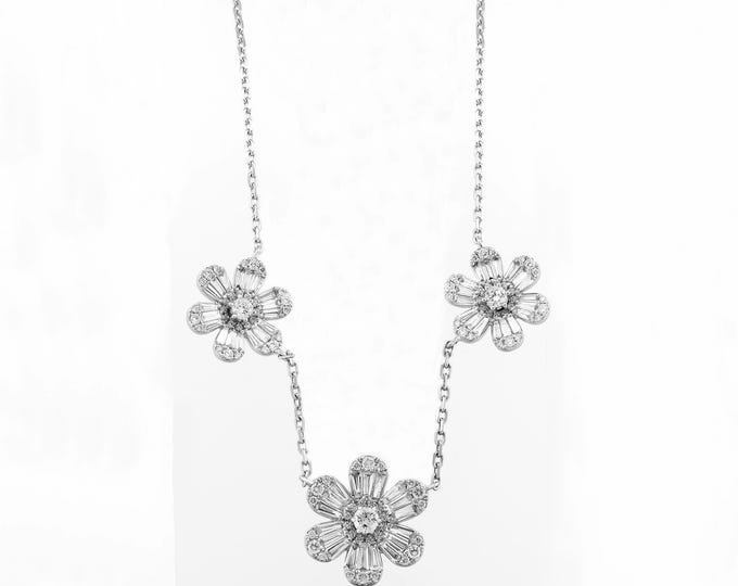 18K White Gold Diamond Flower Necklace 2.18ct Baguette and Round Diamonds 18 Inch Adjustable Chain