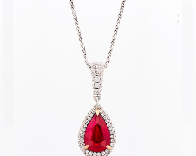 Burmese Ruby Necklace 3.01 ct Pear Diamond Halo Pendant in 18K White Pink Gold GRS Report