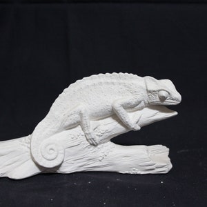 May include: A white ceramic chameleon figurine perched on a branch. The chameleon has a detailed textured body and a curled tail. The branch is textured to resemble wood.