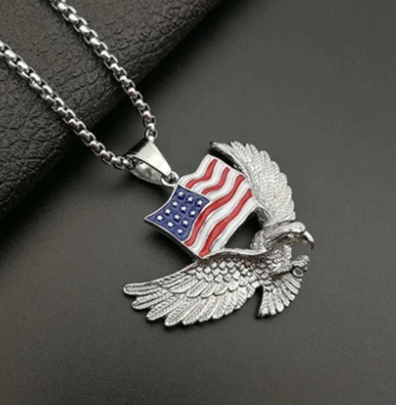 Collier Pendentif Aigle Drapeau Américain - Neuf Sans Emballage - Métal Doré (Acier Inox)