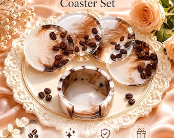 Coffee Bean Resin Coasters, Set of 4 with Holder, Handmade Epoxy Coaster Set, Coffee Bar Decor and Coffee Lover Gift