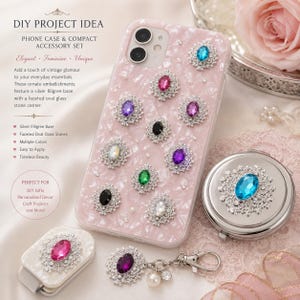 May include: A light pink phone case decorated with multiple silver filigree embellishments featuring faceted oval glass stones in various colors, alongside a silver compact mirror, a small white case, and a keychain with a purple stone.