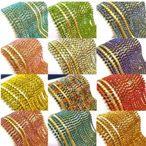 Colorful Rhinestone Chain: Gold Base, DIY Sparkling Accessories (3mm)