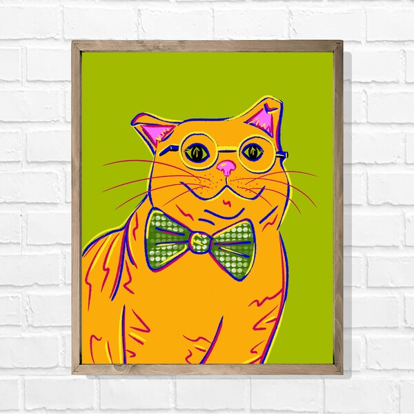 Cat, glasses, bow tie, spiffy, handsome, gentlemen, distinguished, pop art, abstract, modern, mid century, bright, colorful, picure