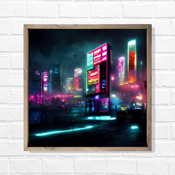 Neon City 2, Ai Art, night life, city life, city scape, print, picture, digital, wall décor, cyber, dystopian, technology