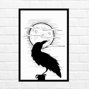 Crow, Raven, Moon, night, creepy, spooky, Halloween, ink, drawing, art, wall art, sketch, digital, decor
