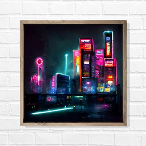Neon City 3, Ai Art, futurystyczny, życie nocne, życie miejskie, krajobraz miasta, wydruk, obraz, sztuka cyfrowa, sztuka ścienna, dekoracja ścienna, cybernetyczny, dystopijny