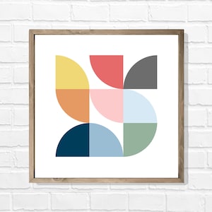 Abstract, quarter circle, moon, green, blue, yellow, coral, modern, geometric, art, décor, print, mid century, minimalist, eclectic