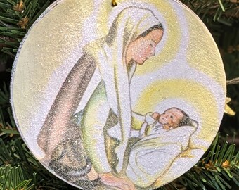 Vintage Golden Book Mary and Baby Jesus Christmas Ornament