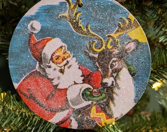 Vintage Golden Book Santa with Reindeer Christmas Ornament