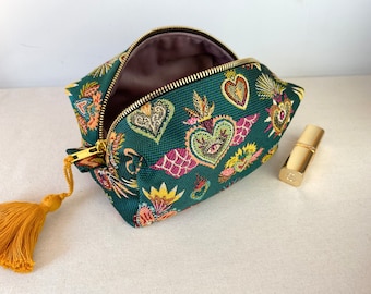 Bolsa de maquillaje, Bolsa de viaje para artículos de tocador, Bolsa de cosméticos, Bolsa tipo caja, Corazones, Verde, Ojos, Terciopelo. Tela francesa. Hecho a mano por Buidel Ámsterdam.