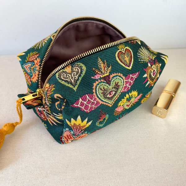 Bolsa de maquillaje, Bolsa de viaje para artículos de tocador, Bolsa de cosméticos, Bolsa tipo caja, Corazones, Verde, Ojos, Terciopelo. Tela francesa. Hecho a mano por Buidel Ámsterdam.