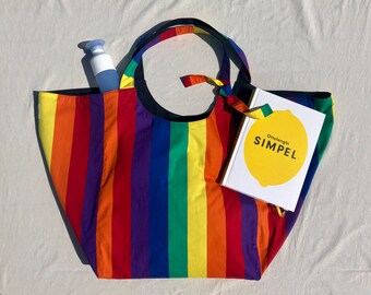 Pride, LGBTQIA+, Rainbow tote bag, with pin, Shopper XXL, Beachbag, Reversible bag, Tote bag, Shoppingbag. Handmade by Buidel Amsterdam.