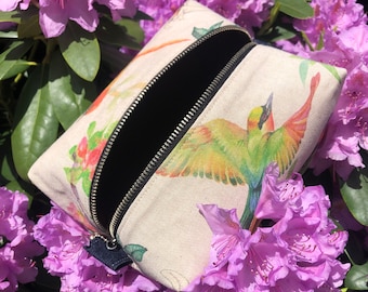 Makeup Bag, Large Toiletry Travel Pouch, Cosmetic Bag, Boxy Bag, Birds, Flowers. Handmade by Buidel Amsterdam.