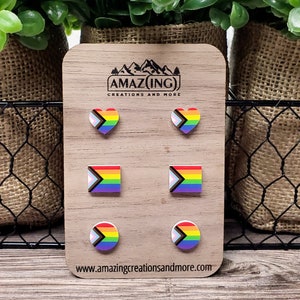 Progress Pride Flag Stud Earrings | Set or Single Option | Rainbow | Heart | Round | Flag | Titanium Post | LGBTQ+ | Pride Month
