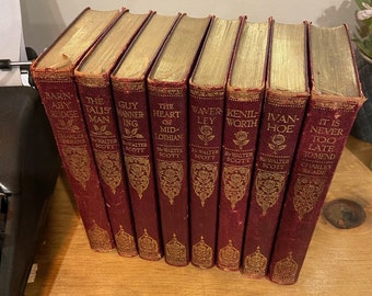 Vintage Red Leather Gilt “The People&#39;s Library&quot; Books 1900s Sir Walter Scott, Charles Dickens, Charles Reade