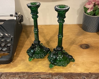 Set of Two Vintage Green Pressed Glass Candleholders