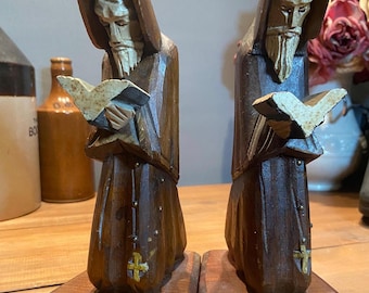 Vintage Carved Wood Monk Bookends