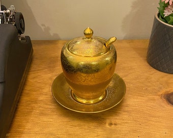 Vintage Gold Noritake Sugar/Condiment Holder with Plate and Spoon